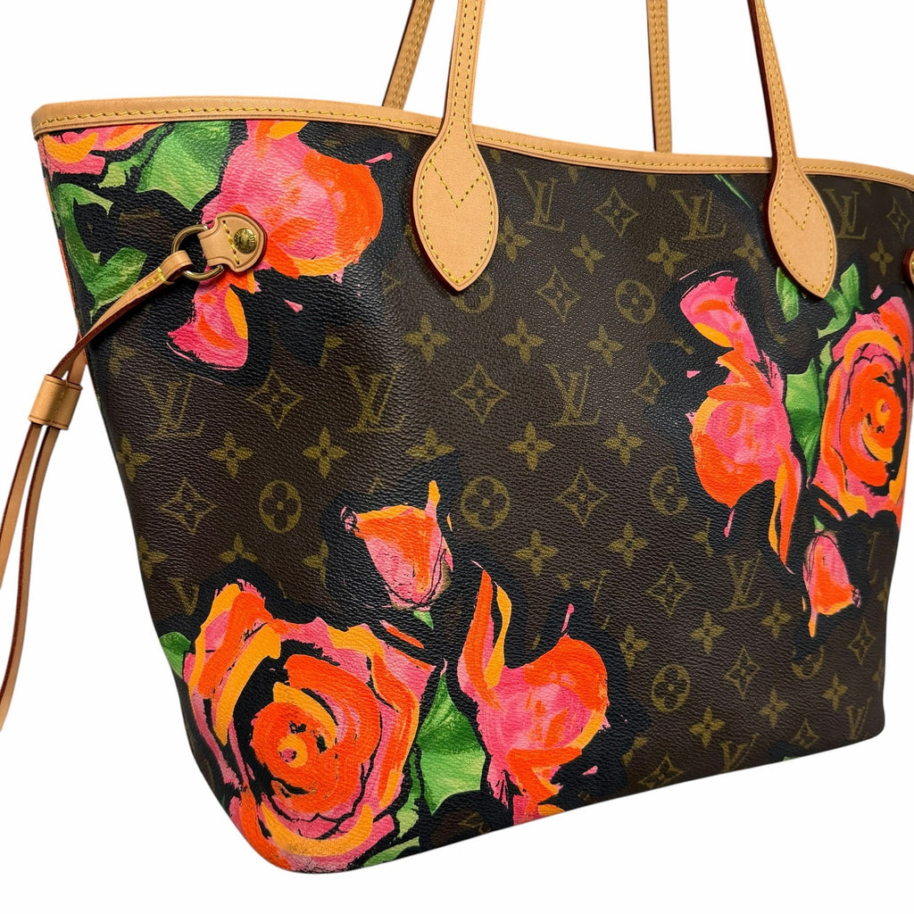 Louis Vuitton Stephen Sprouse Roses Neverfull Handbag Brown Pink Floral Designer