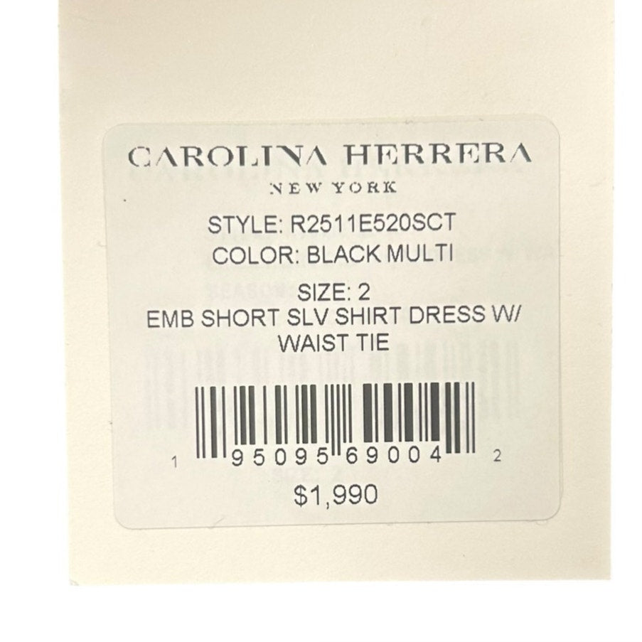 NWT Carolina Herrera Black Multi Floral Embroidered Shirt Dress w/ Tie Womens 2
