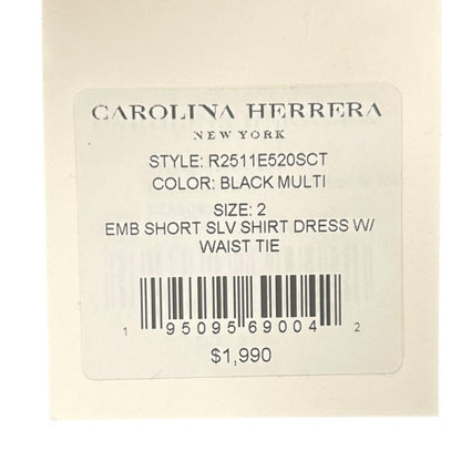 NWT Carolina Herrera Black Multi Floral Embroidered Shirt Dress w/ Tie Womens 2
