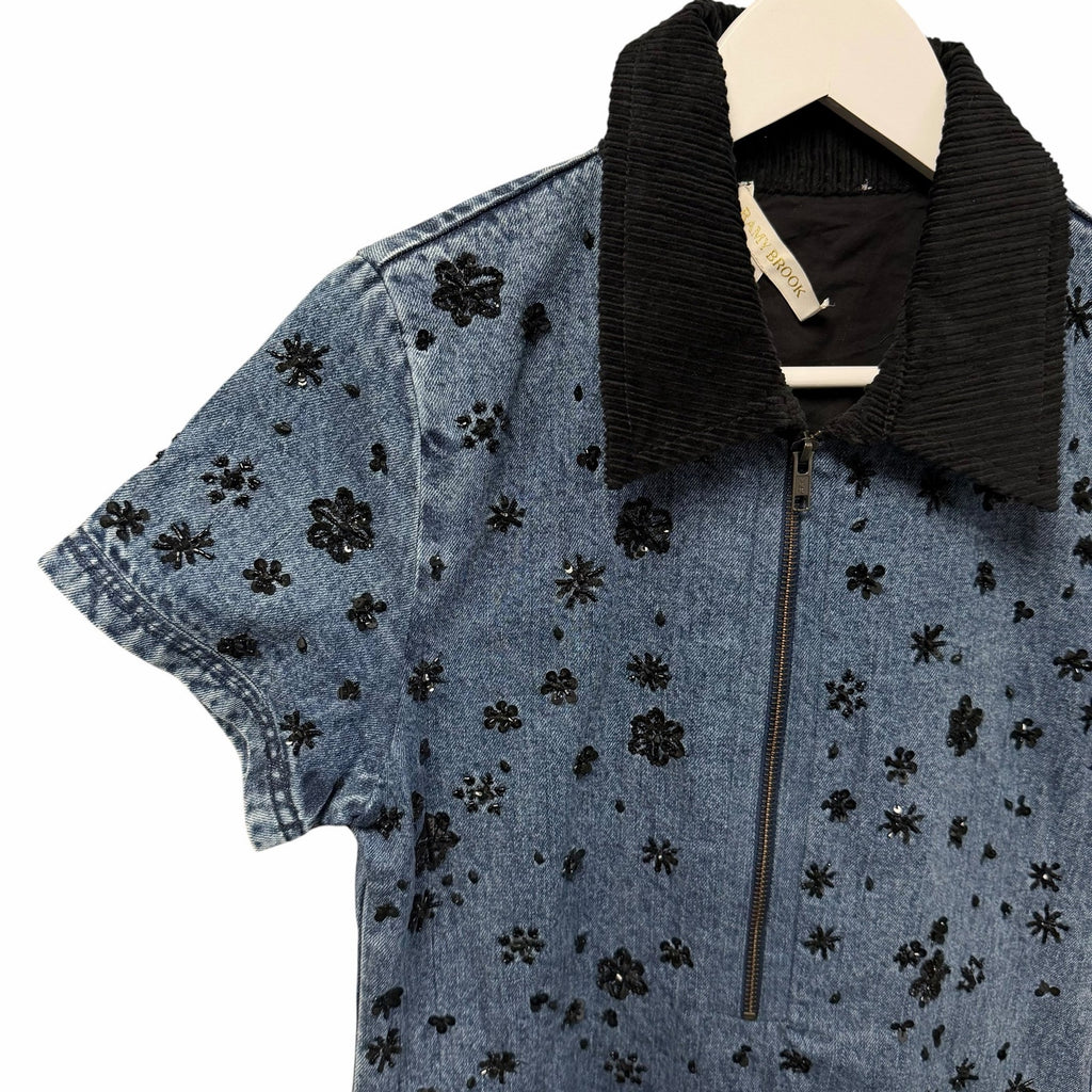 NWT Ramy Brook Rita Embellished Denim Mini Dress Blue Black Corduroy Collar XS