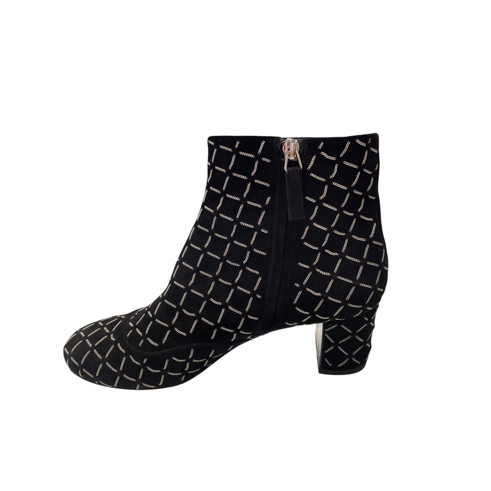 Chanel Black Suede Block Heel Chain Embellished CC Logo Short Boot Size 39 / 9