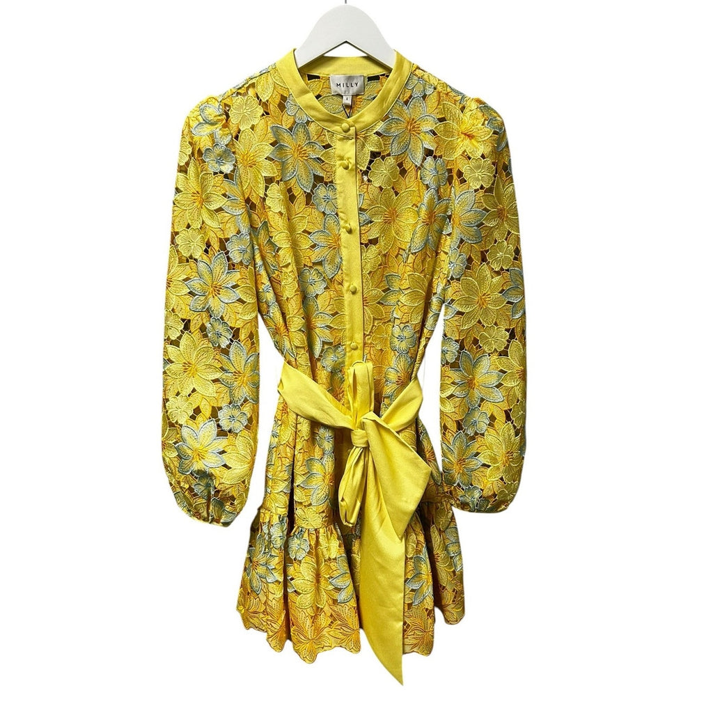 NWT Milly Yellow Multicolor Nellie Floral Lace Long Sleeve Mini Dress Womens 4