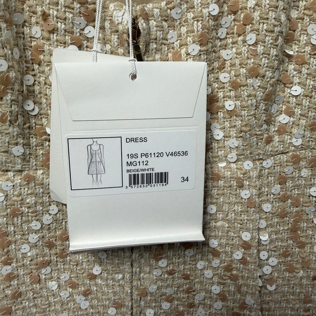 NWT Chanel 2019 Beige White Tweed Sequin Embellished Mini Dress Size 34 / US 2