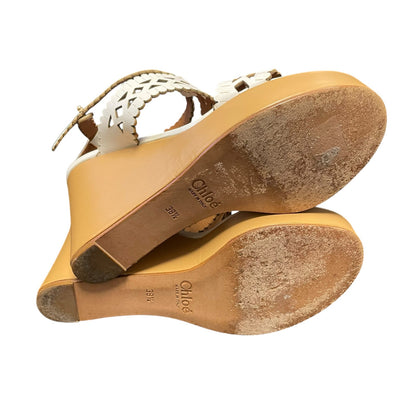 Chloe White Laser Cutout Leather Platform Wedge Sandals 38.5 / US  8