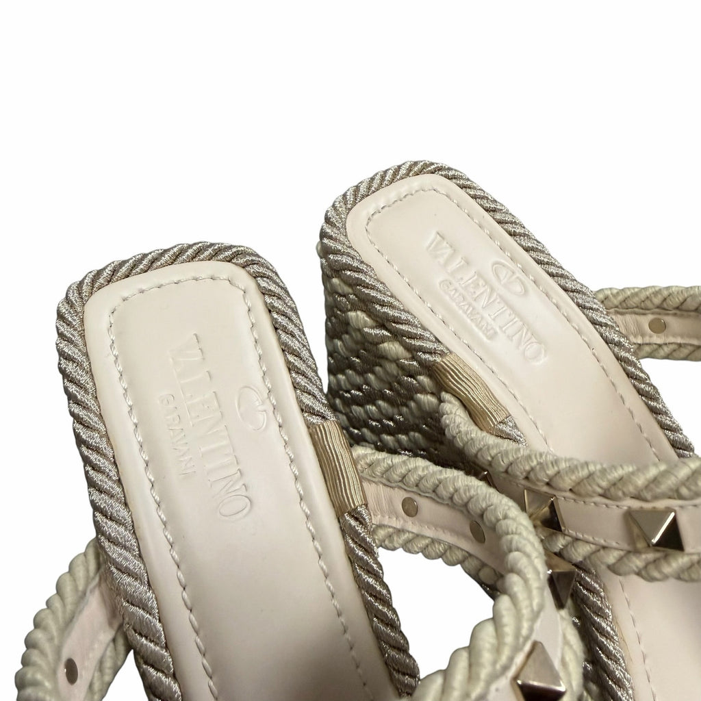 Valentino Garavani Rockstud Torchon Espadrille Caged Wedge Sandals Ivory US 9