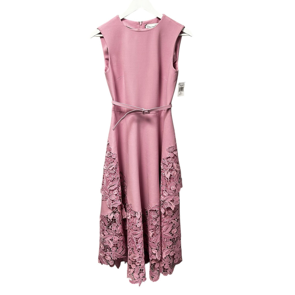 NWT Oscar de la Renta Lily Pink Cherry Guipure Lace Belted Midi Dress Womens 2