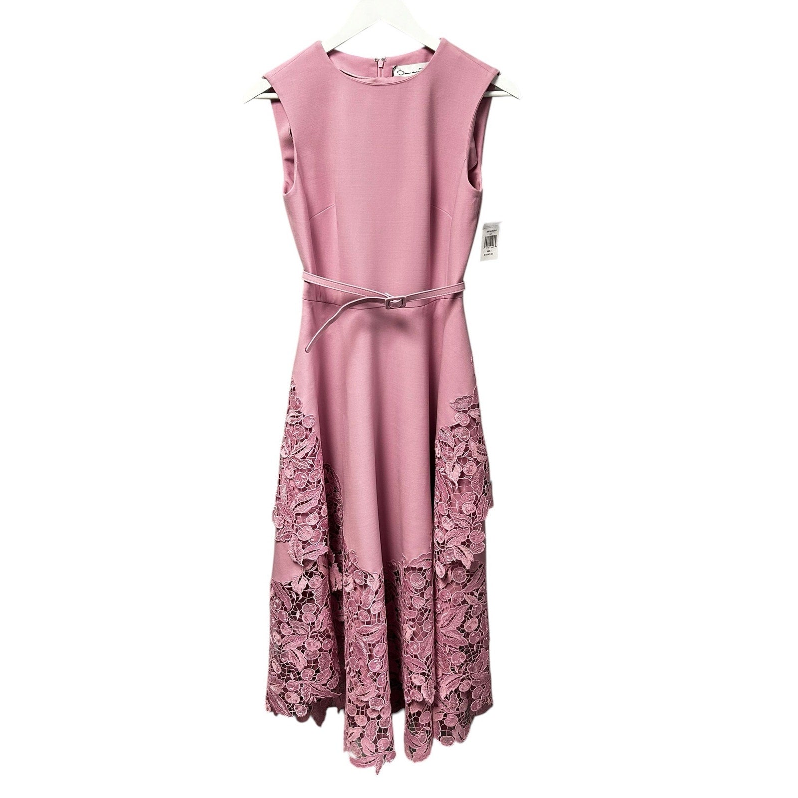 NWT Oscar de la Renta Lily Pink Cherry Guipure Lace Belted Midi Dress Womens 2