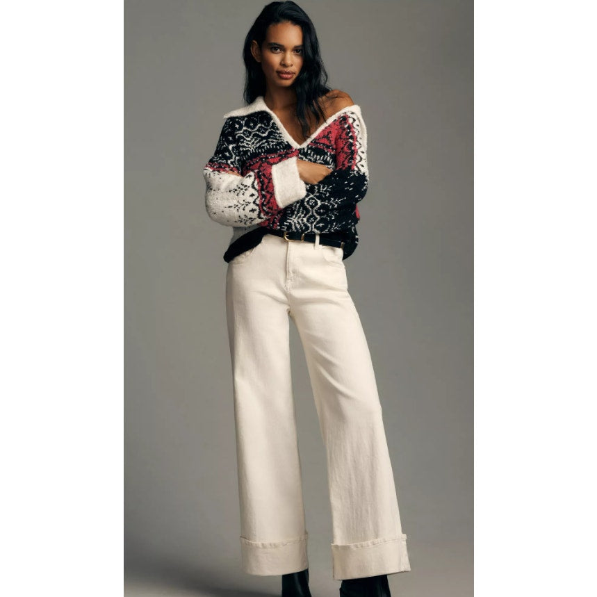 NWT Pilcro V-Neck Fuzzy Printed Collared Popover Sweater Womens Petite Small