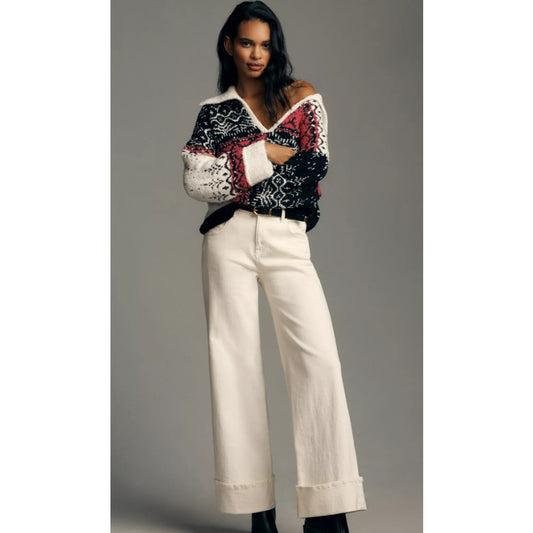 NWT Pilcro V-Neck Fuzzy Printed Collared Popover Sweater Womens Petite Small
