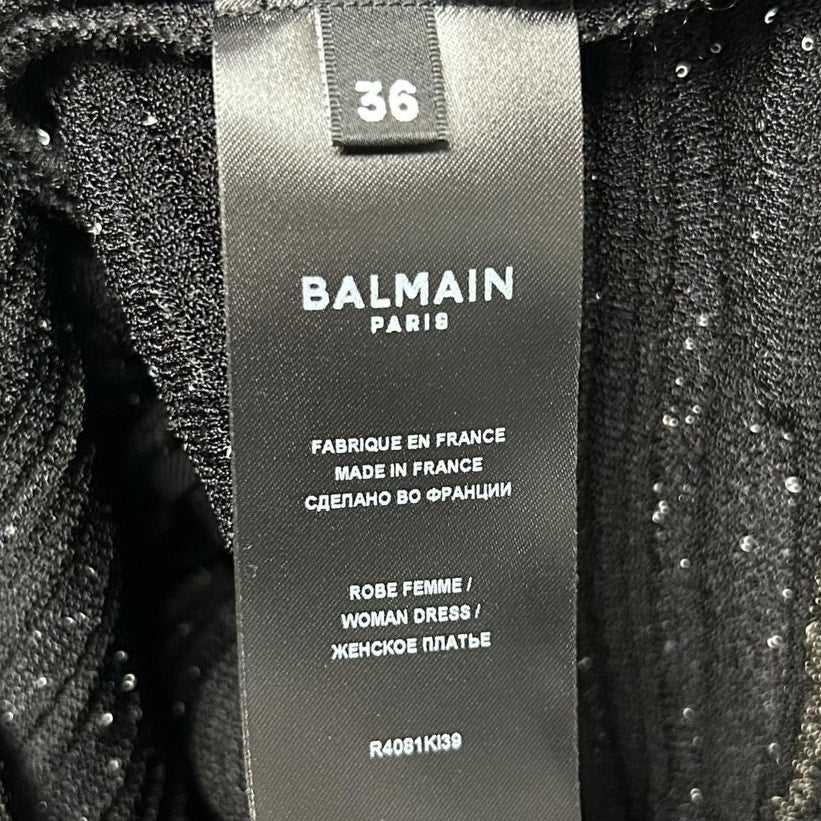 NWT Balmain Paris Black Asymmetric Sequined Mini Bodycon Dress Womens 36 / US 4