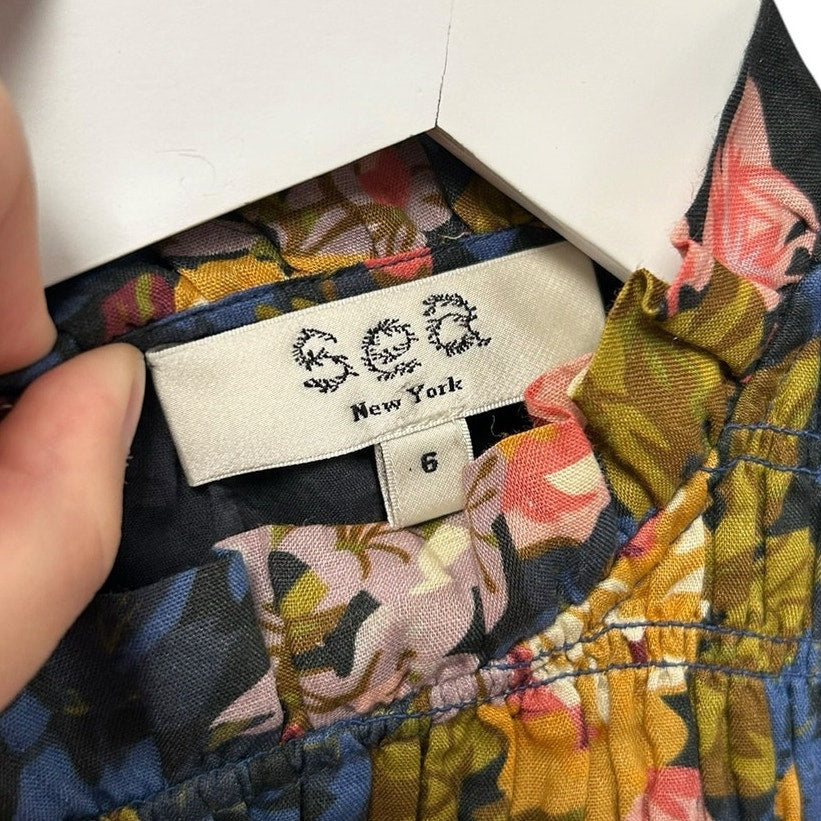 Sea New York Ines Navy Yellow Floral Print Flutter Sleeve Mini Dress Womens 6