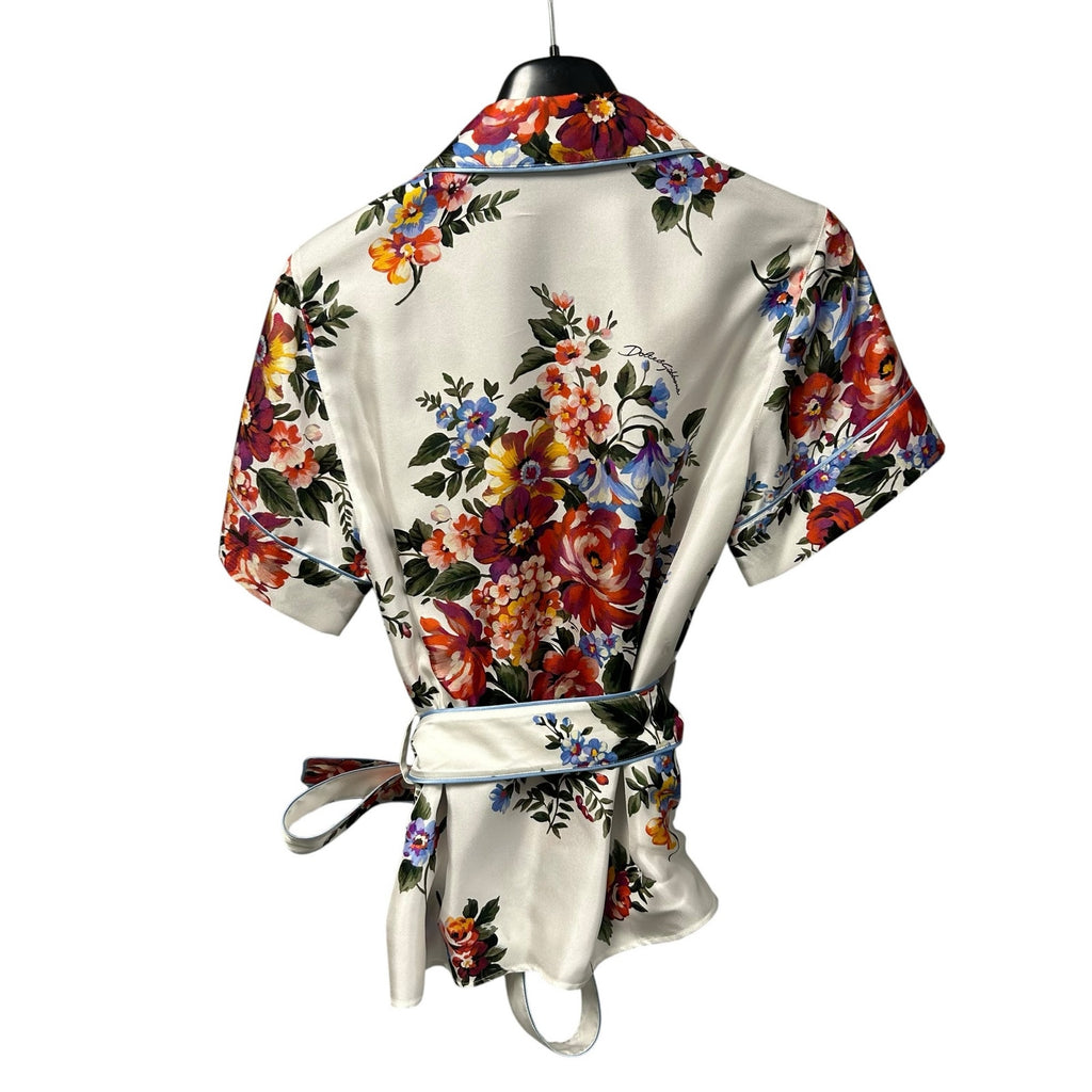 NWT Dolce & Gabbana White Multi Flower Bouquet Print Twill Vanity Shirt 36 US 0