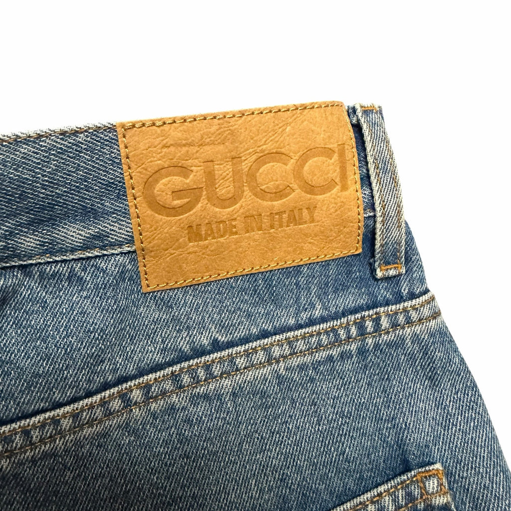 Gucci Horsebit High Rise Wide Leg Frayed Hem Jeans Light Wash Size 27 / US 6