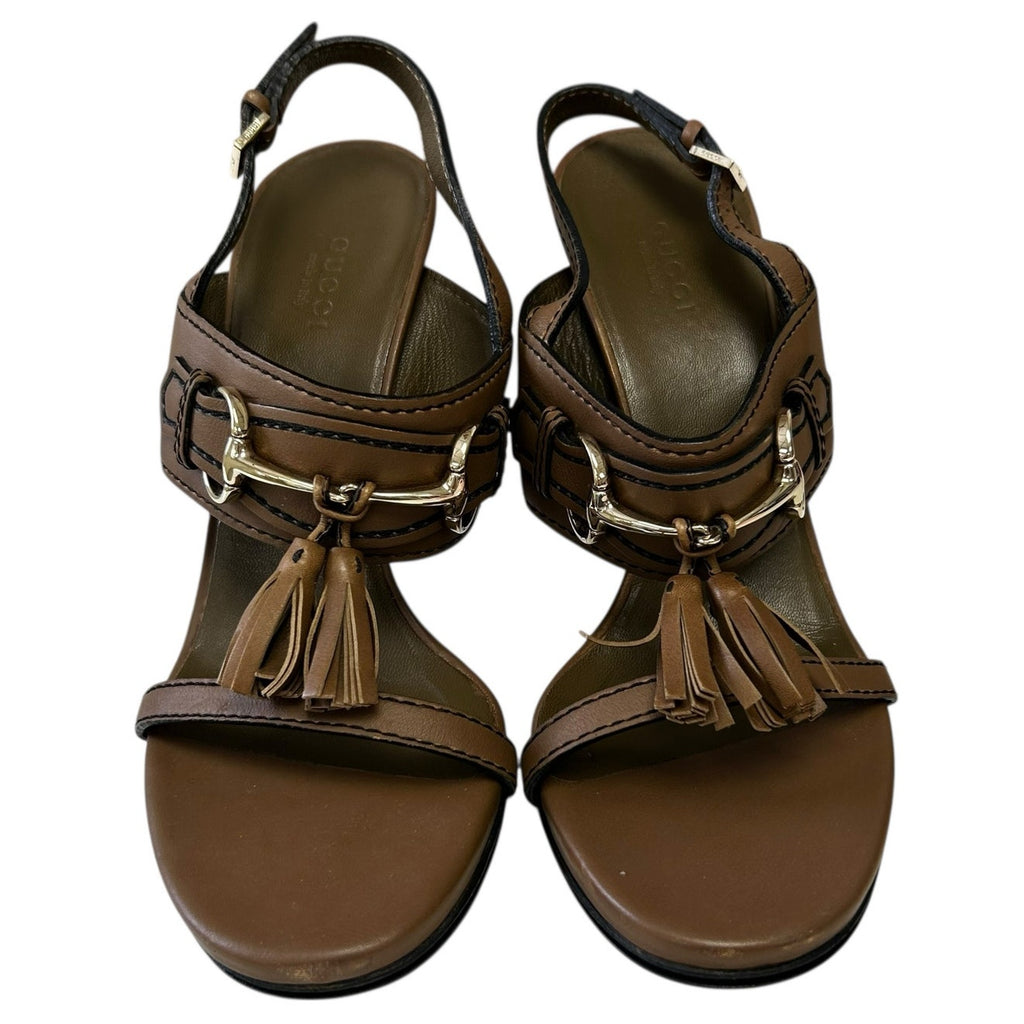 Gucci Brown Leather Horsebit Tassel Emily Slingback Heels Womens 37.5 / US 7.5