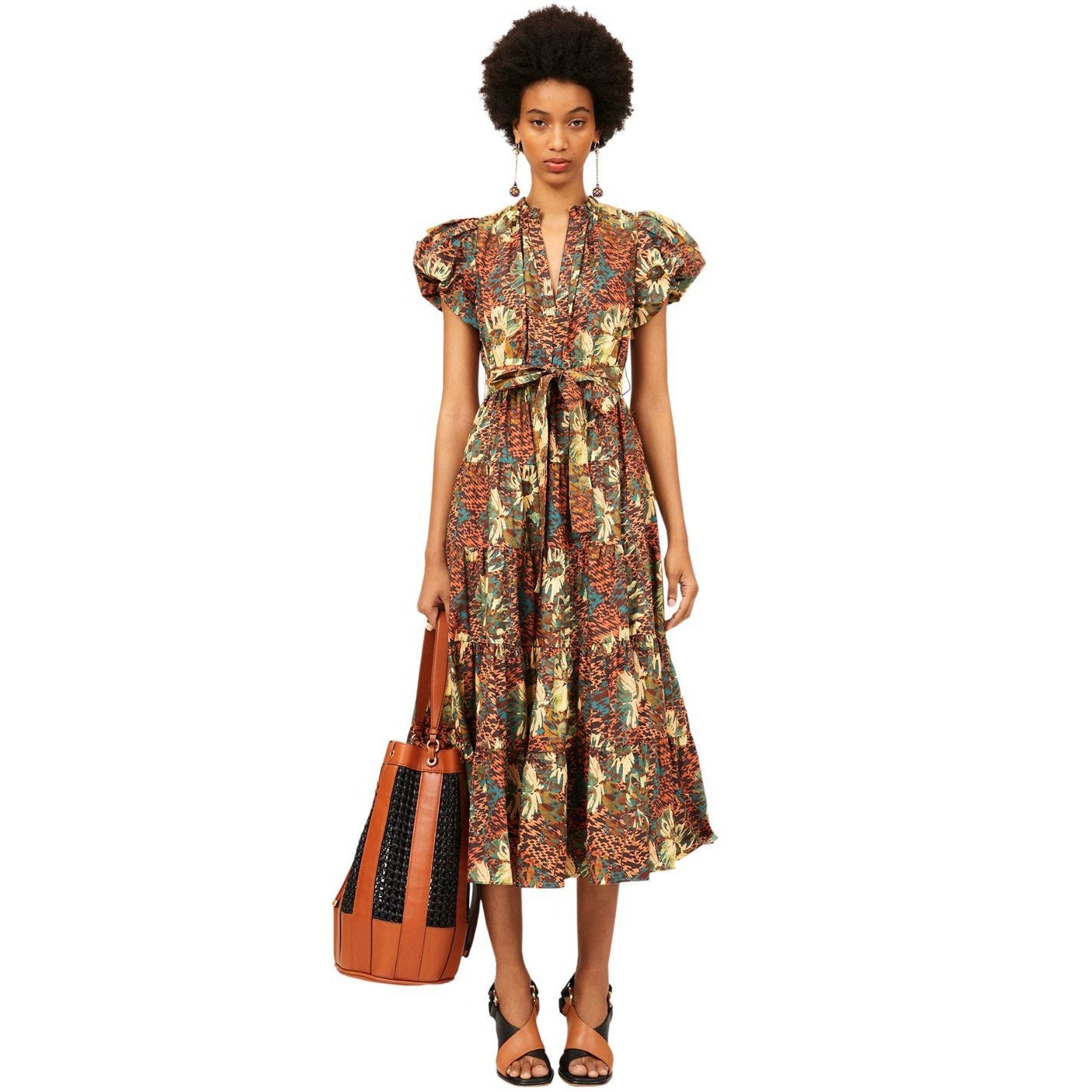 Ulla Johnson Prism Floral Print Puff Sleeve Self Tie Ottilie Midi Dress Womens 6