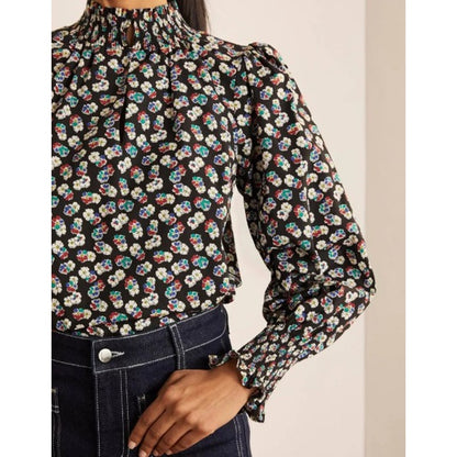 Boden Ellie Smocked Black Multi Floral Print High Neck Top Womens US 16 / 18