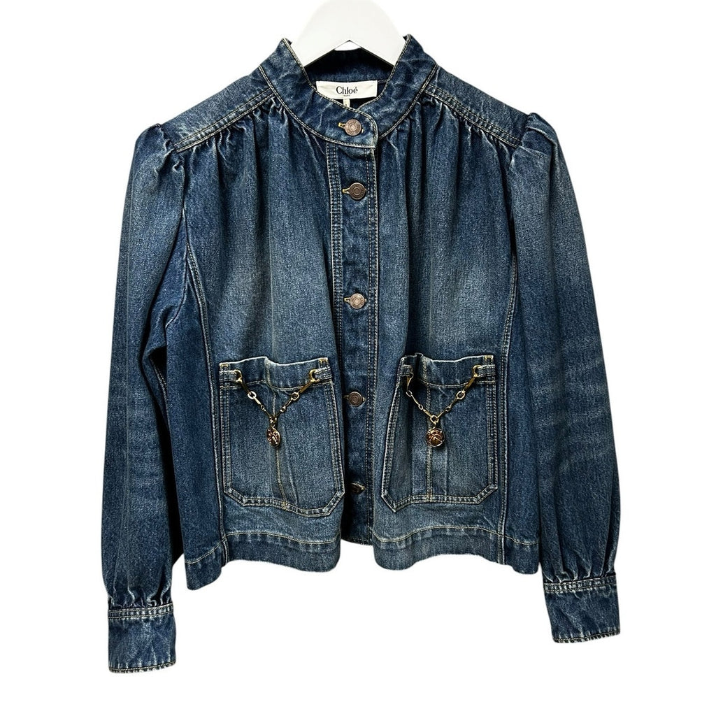 NWT Chloe High Neck Faded Indigo Chain Detail Denim Jacket Womens 36 / US 4