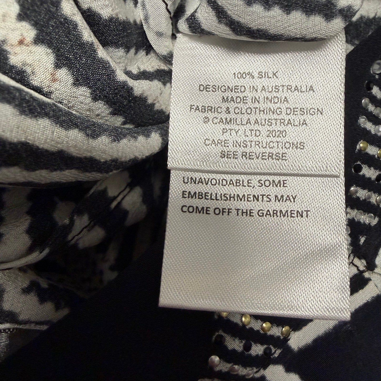 NWT Camilla Pure Silk Tuck Front Pant White Black Geo Print Embellished Small