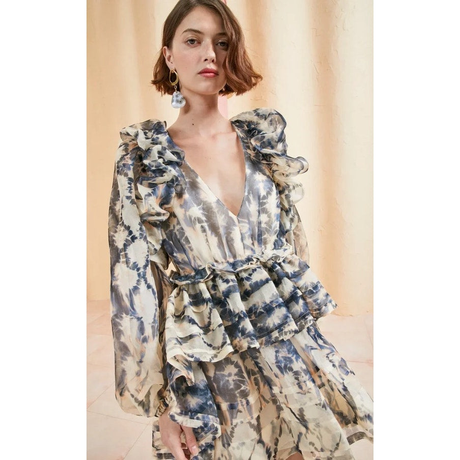 NWT Ulla Johnson Silk Adelaide Ruffled Mini Dress Abstract Fossil Print Size 0