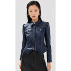 NWT Simkahi Midnight Navy Wyatt Vegan Leather Zip Up Jacket Womens Small