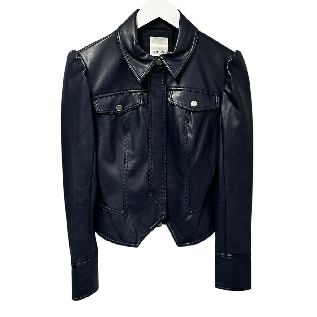 NWT Simkahi Midnight Navy Wyatt Vegan Leather Zip Up Jacket Womens Small