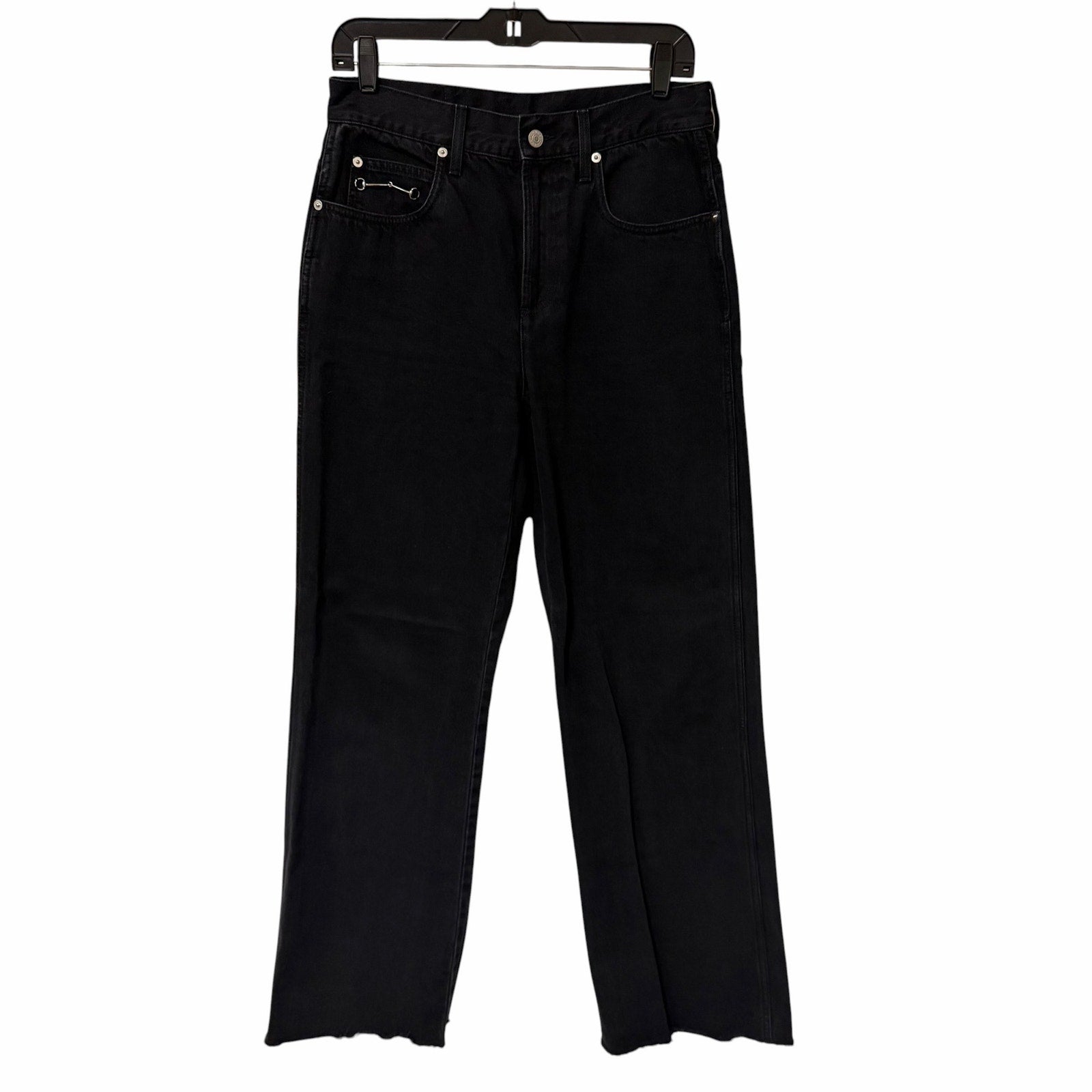Gucci Horsebit High Rise Wide Leg Frayed Hem Jeans Black Denim Size 28 / US 8