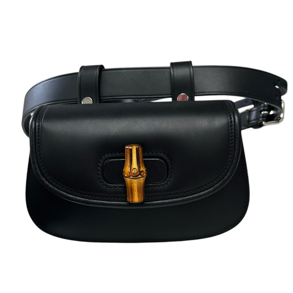 Gucci Black Leather Mini Bamboo Twist Lock 1974 Horse Bit Adjustable Belt Bag