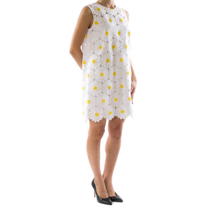 Dolce & Gabbana White Yellow Daisy Macrame Sheath Mini Dress Womens 38 / US 2