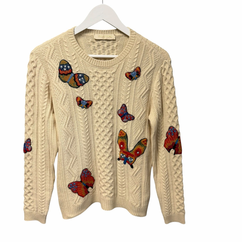 Valentino Butterfly Embroidered Sweater Cream Multicolor Cable Knit Size Medium