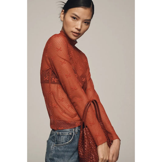 Maeve Red Sheer Bow Print Lace Long Sleeve Turtleneck Pullover Top Womens Small