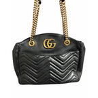 Gucci GG Marmont Black Quilted Leather Handbag Gold Toned Logo Classic Luxury