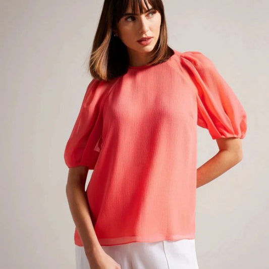 NWT Ted Baker Coral Natelie Puff Sleeve Tie Up Back Boxy Top Womens 1 / US 4