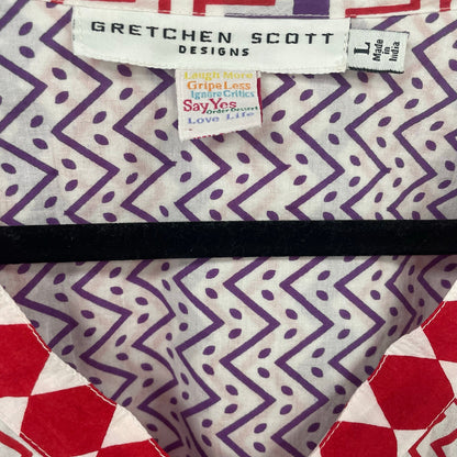Gretchen Scott V Neck 3/4 Sleeve 100% Cotton Red Purple Geo Print Top Large