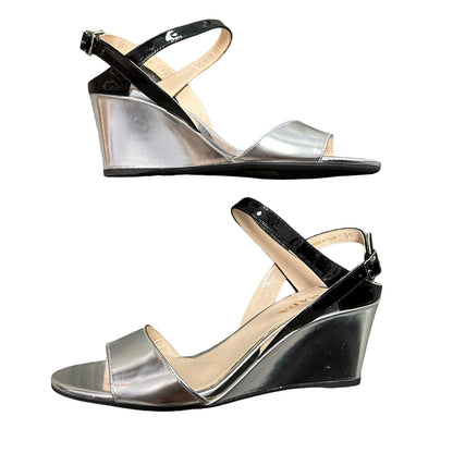 Prada Metallic Silver & Black Slingback Adjustable Wedge Sandal 39 / US 9
