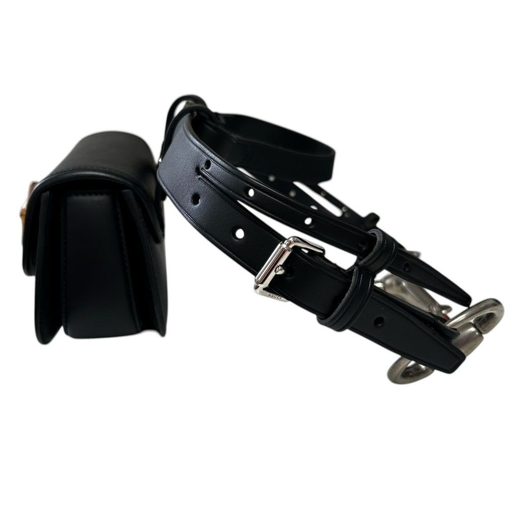 Gucci Black Leather Mini Bamboo Twist Lock 1974 Horse Bit Adjustable Belt Bag