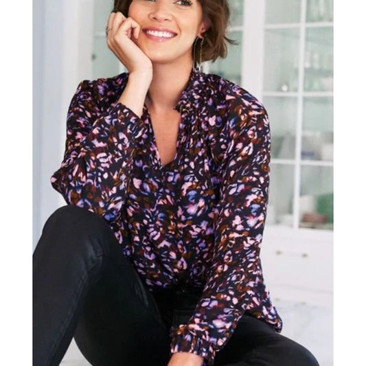 NWT Marie Oliver Black Electric Multi Arden Pleated Ruffle Neck Blouse Womens XS