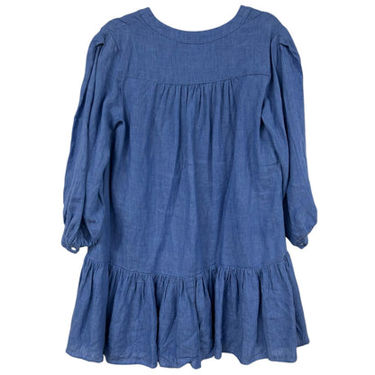 Pomander Place Lake Blue Linen Blend Split Neck Frankie Dress Womens Small