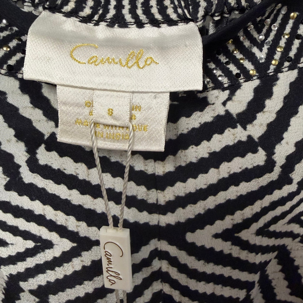 NWT Camilla Pure Silk Tuck Front Pant White Black Geo Print Embellished Small