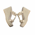 Valentino Garavani Rockstud Torchon Espadrille Caged Wedge Sandals Ivory US 9