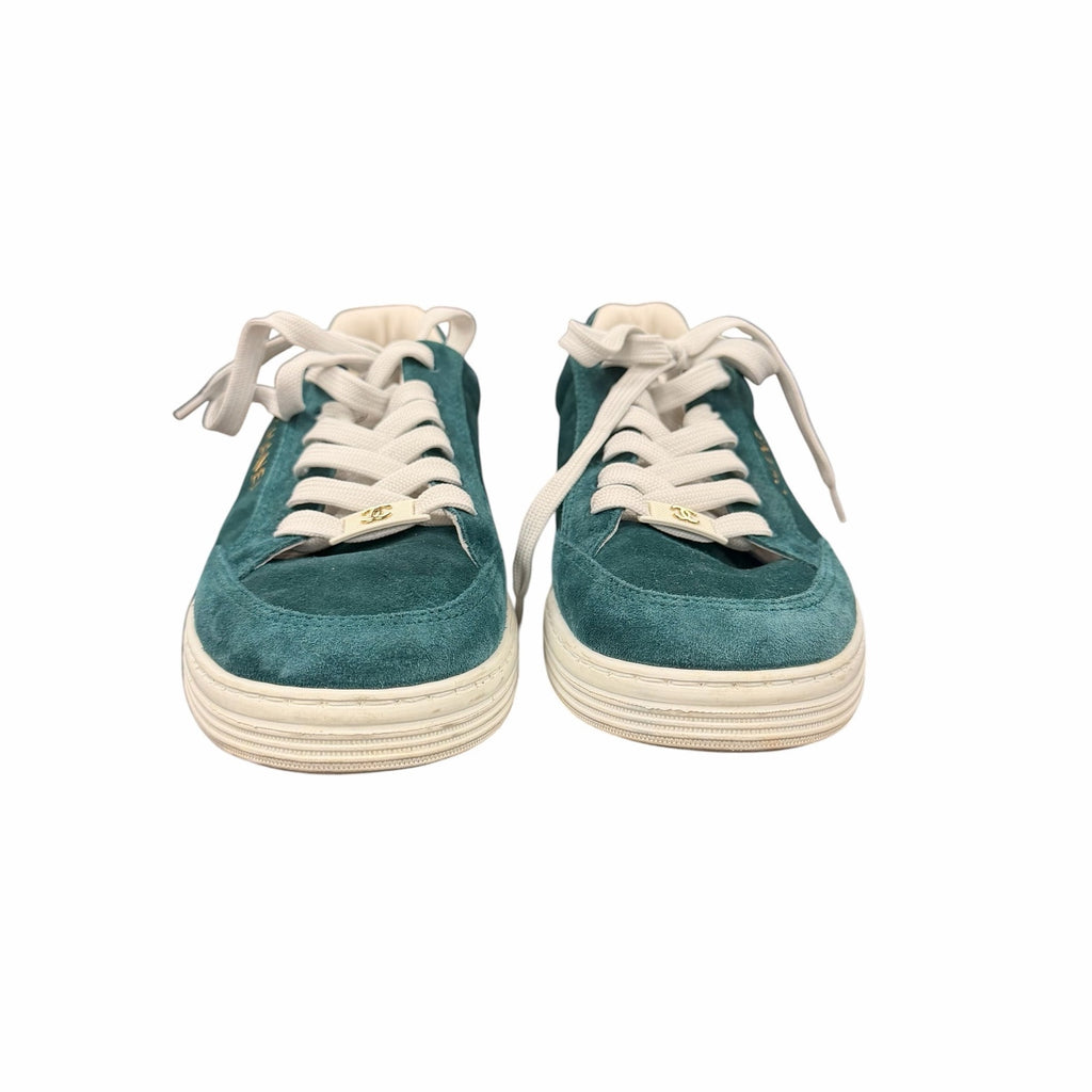 Chanel 2023 Interlocking CC Logo Sneakers Green Suede Womens 39 / US 9 Sporty