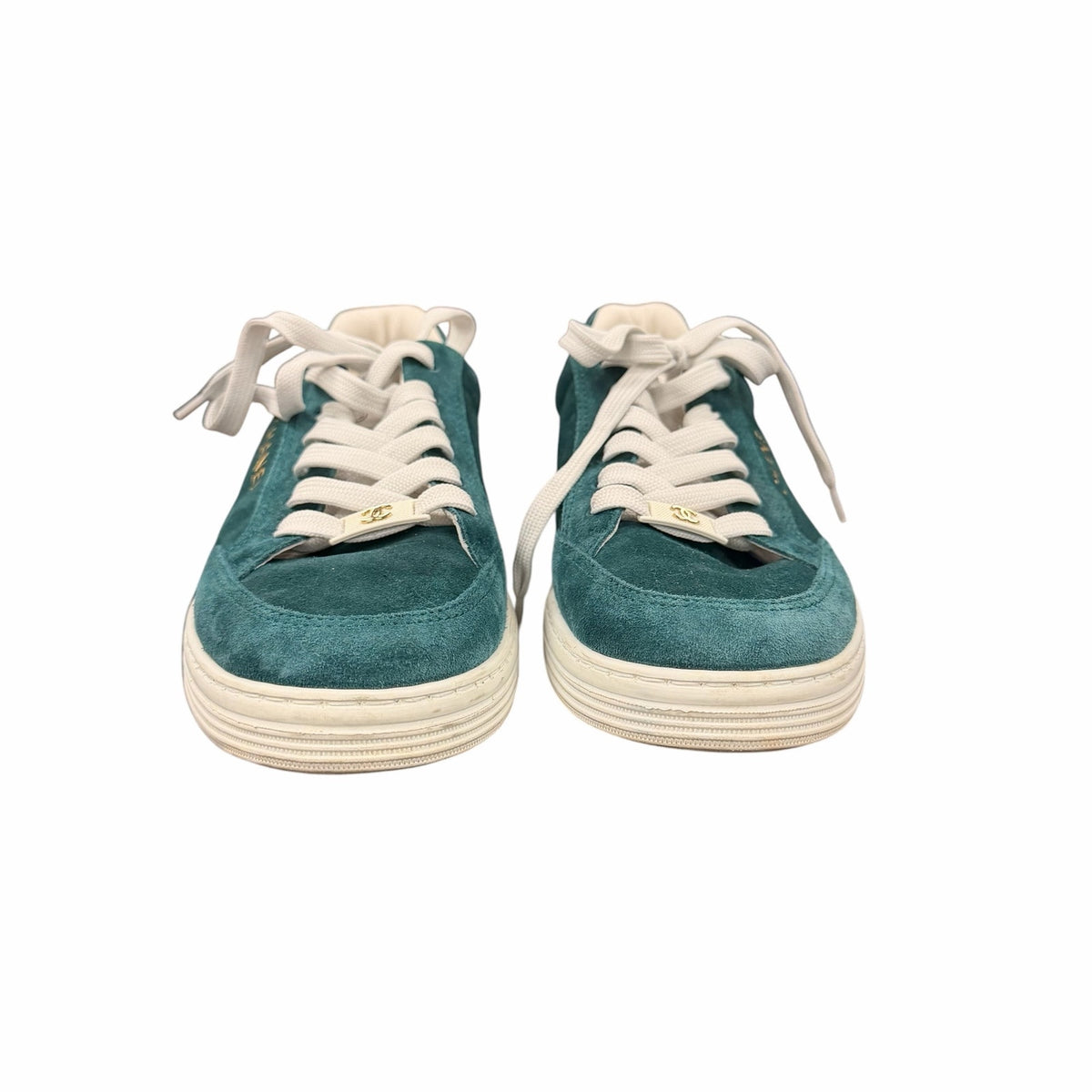 Chanel 2023 Interlocking CC Logo Sneakers Green Suede Womens 39 / US 9 Sporty