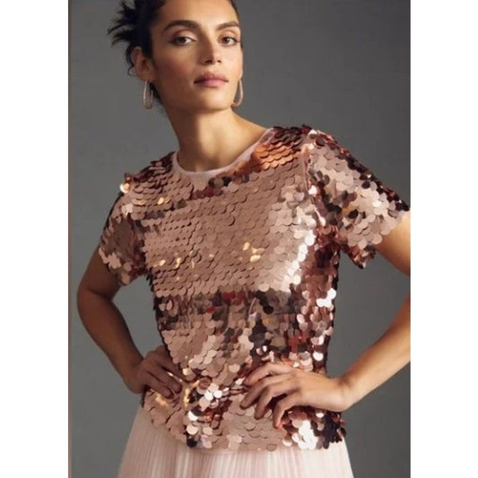 NWT Anthropologie Eva Franco Rose Gold Pink Sequin Short Sleeve Top Womens XS