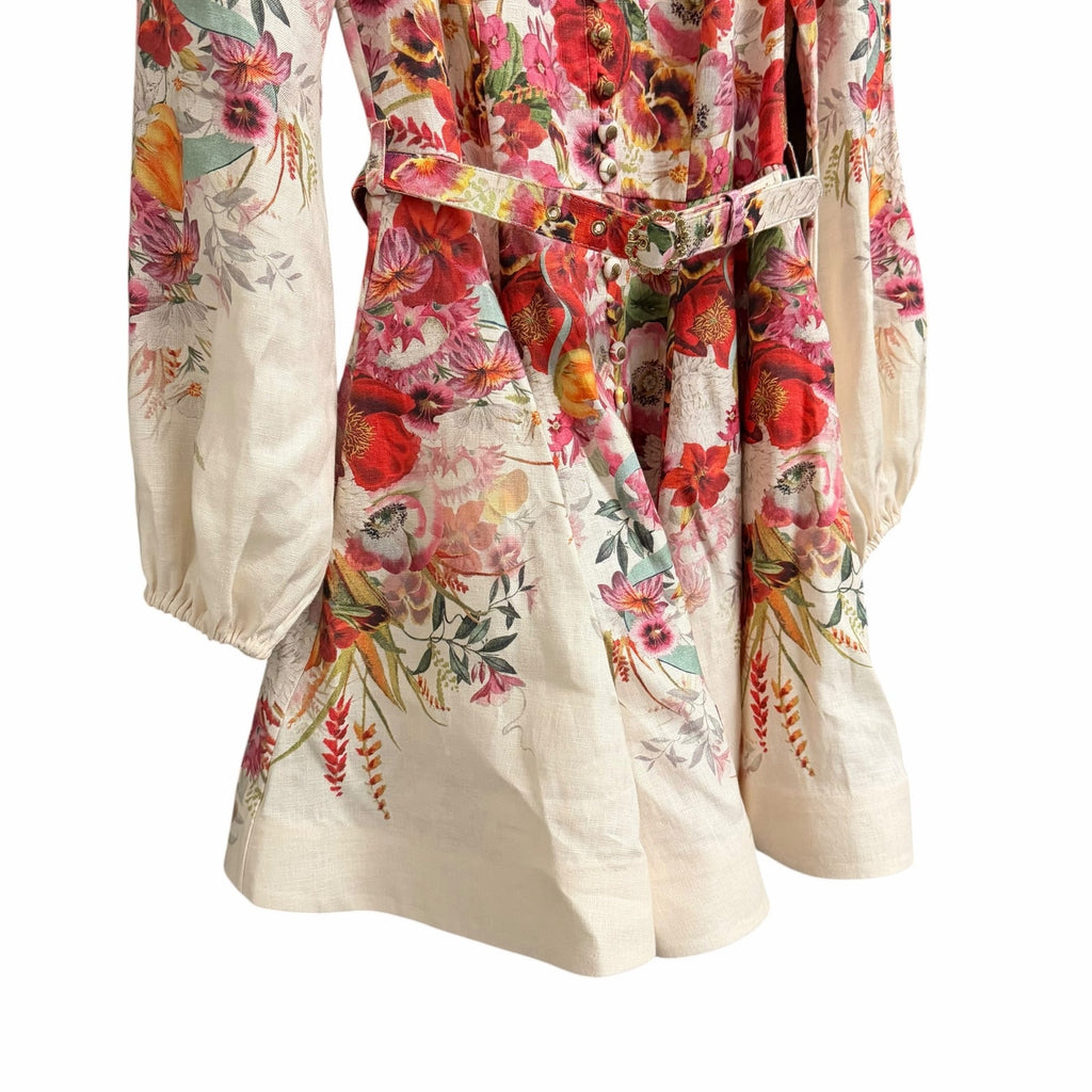 Zimmermann Wonderland Belted Floral Print Linen Mini Dress Size AU 0 / US 4