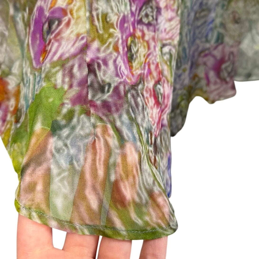 Dries Van Noten Cloudy Floral Sheer Silk Button Up Shirt Green Multi Womens US 6
