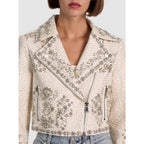 NWT Alice + Olivia Avril Embellished Vegan Moto Jacket Off White Womens Small