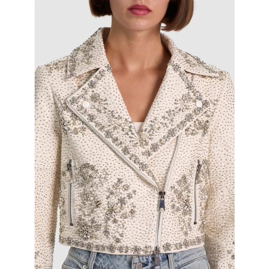 NWT Alice + Olivia Avril Embellished Vegan Moto Jacket Off White Womens Small
