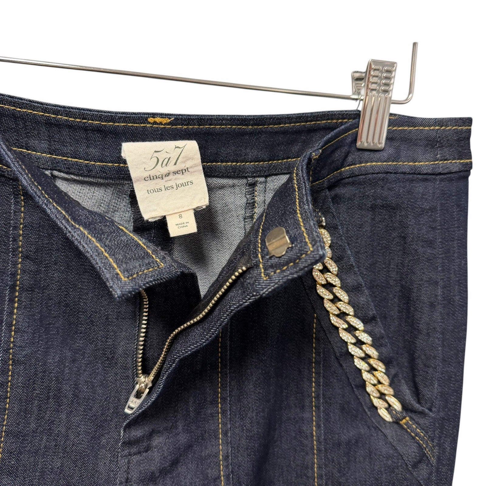 Cinq a Sept Crystal Chain Link Embellished Flared Boot Cut Jean Dark Wash Size 8