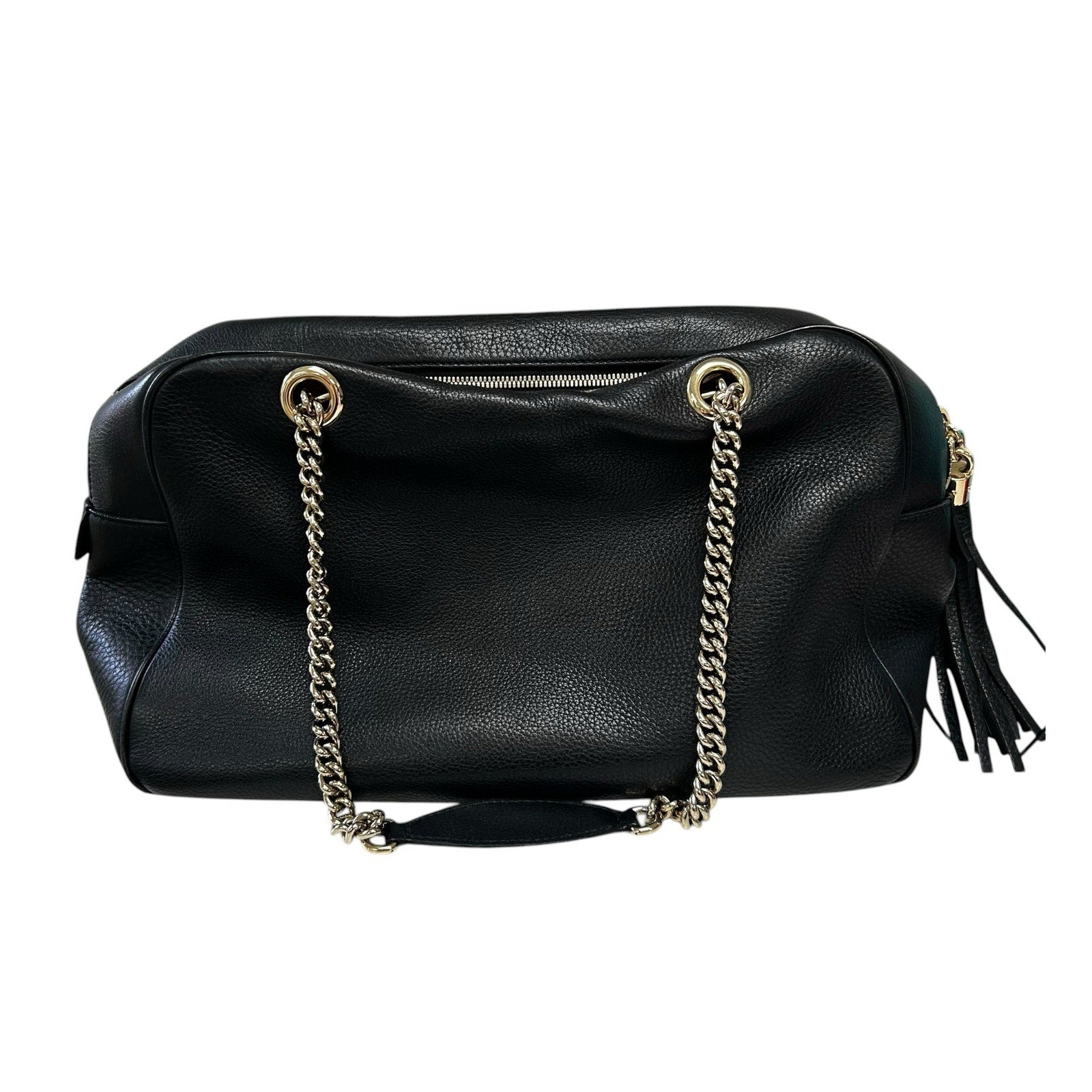 Gucci Black Pebbled Calfskin Leather Soho Double Chain Zip Shoulder Bag