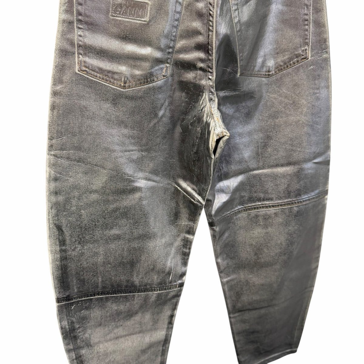 NWT Ganni Foil Denim Stary Pant Bright White Metallic Silver Size 25 Retro Party