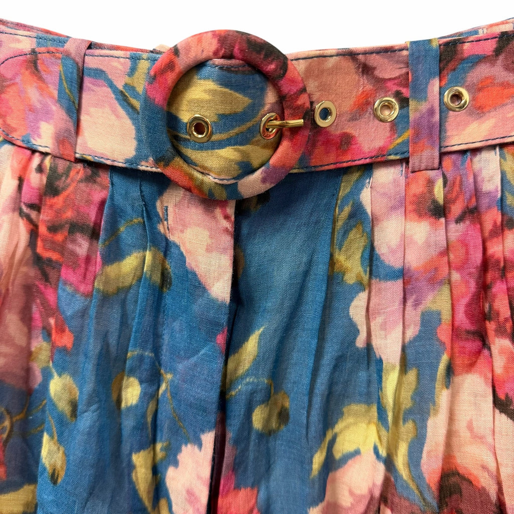 Zimmermann Floral High Rise Wide Leg Ramie Pants Belted Teal Pink AU 0 / US 4